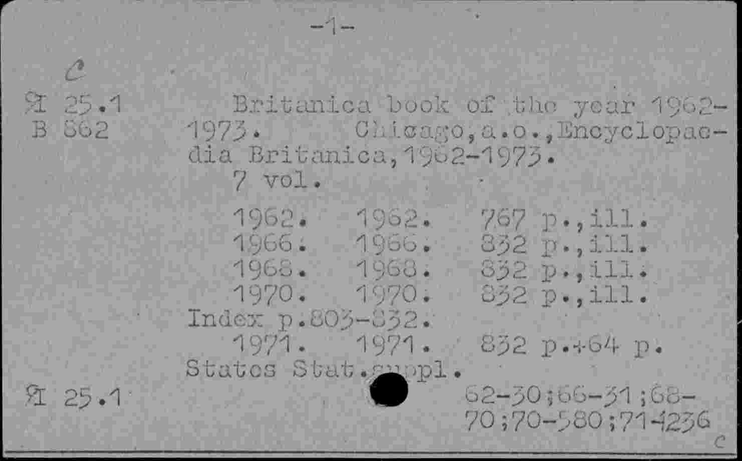 ﻿г	£	-1-
	25 .И	Britanica book of .the year 1932-
в	362	1975 •	Chicago,a.0. ,Encyclopao- dia Brit anica, 1962-1975 • 7 vol. 1962.	1932.	787 1.966.	1966.	352 p.,ill. 1966.	15'63.	052 p•}ill • 1970.	1970.	852 p.,ill. Index p.805-852. 1971.	1971.	852 p.<64 p. States Stat.^^ipl.
Я	25 и	62—>0 »66—51;6o— 70;70-580;714258 c